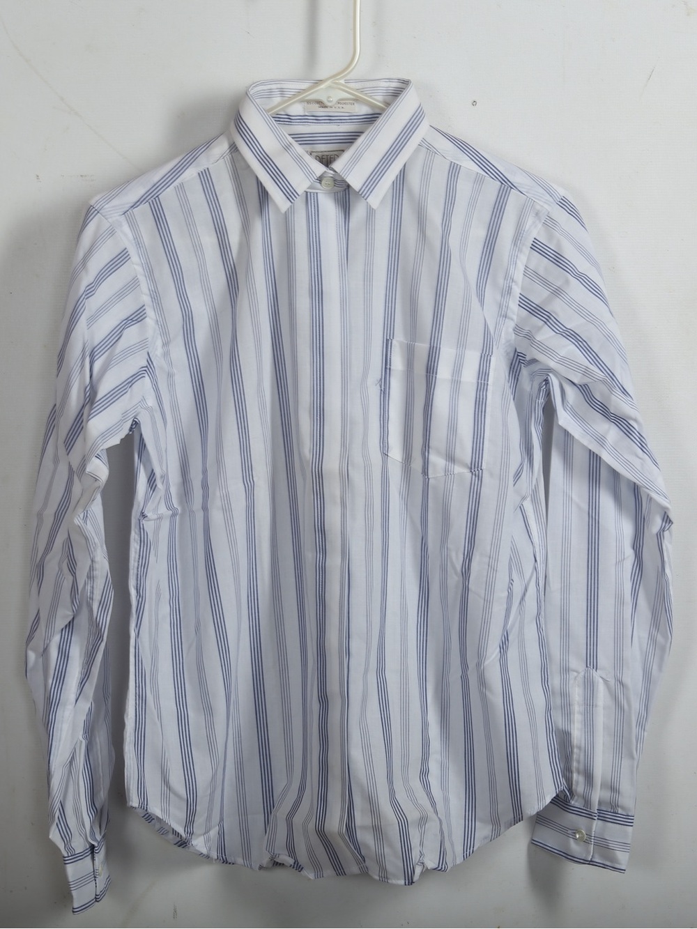 Men's White Dress Shirt with Blue Stripes - Classic Long Sleeve
